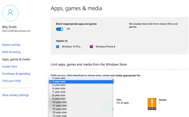 Microsoft family security App, media and games