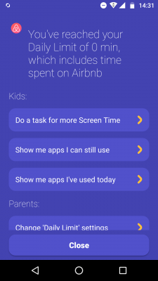 The child sees options to complete a task, what apps they can still use and what apps they've used today