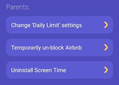 Options for parents to change the Daily Limit settings, unblock the device, or uninstall Screen Time